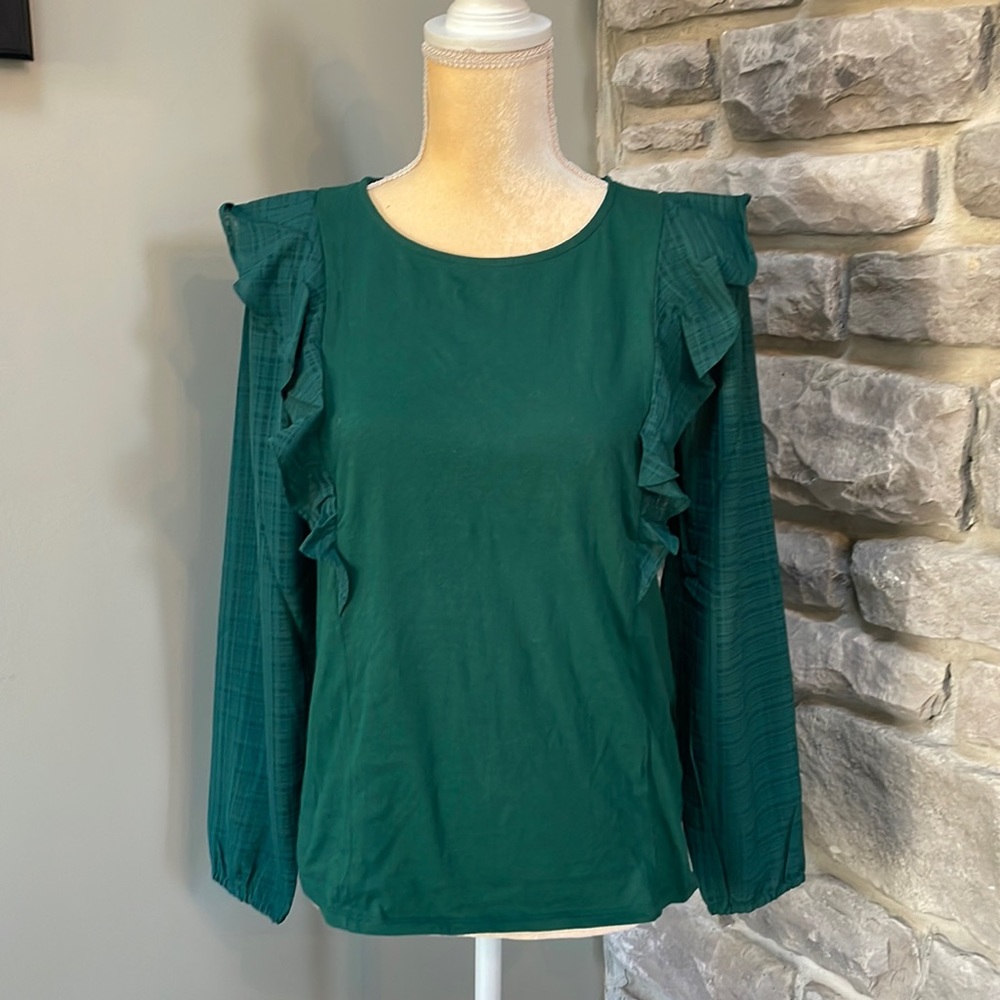 JCrew top with side ruffle in plaid design, size S, NWT